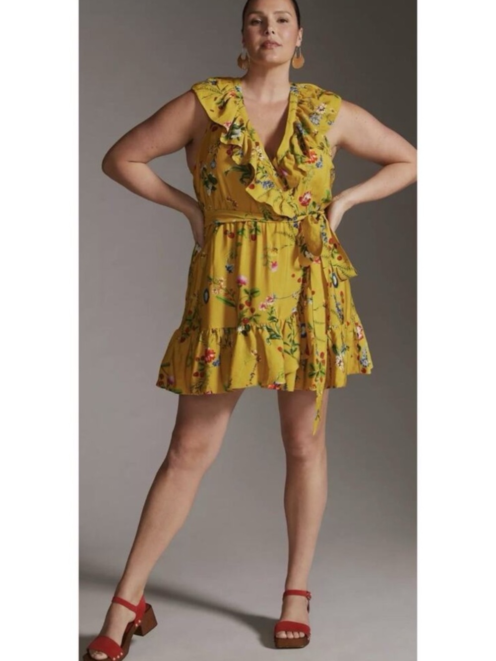 Mauve Mustard Floral Ruffle Wrap Mini Dress (i0193)
